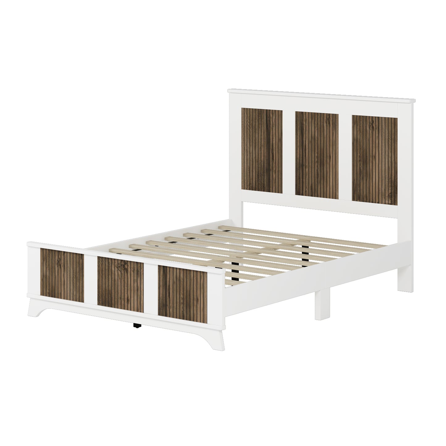 4-Pieces Bedroom Sets, Full Size Farmhouse Platform Bed with Wooden Strip Decoration, Storage Nightstand and Dresser with Metal Handle, White