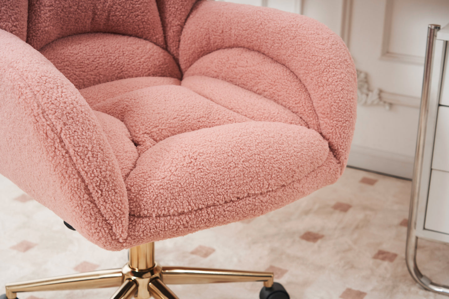 005-Teddy Fabric 360 Swivel Home Office Chair With Gold Metal Base And Universal Wheels,Pink