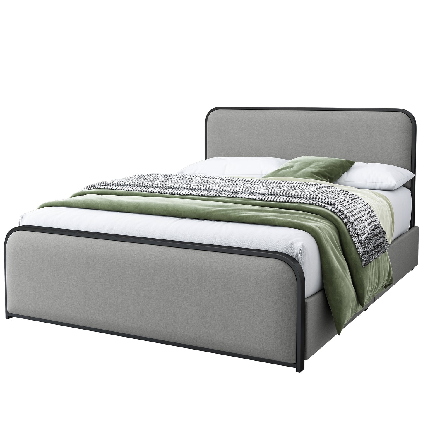 Modern Metal Bed Frame with Curved Upholstered Headboard and Footboard Bed with 4 Storage Drawers, Heavy Duty Metal Slats, Queen Size, Grey