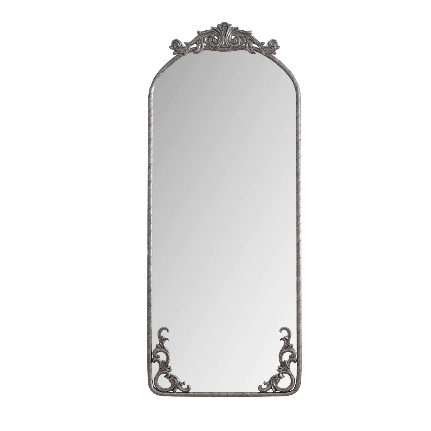 Retro Arched Full Body Mirror with Vintage Carved Applique, Antique Silver Metal Frame, 58'L x 24'W Wall Mounted Mirror for Living Room Bedroom Decor