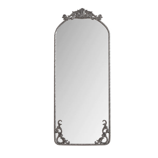 Retro Arched Full Body Mirror with Vintage Carved Applique, Antique Silver Metal Frame, 58'L x 24'W Wall Mounted Mirror for Living Room Bedroom Decor