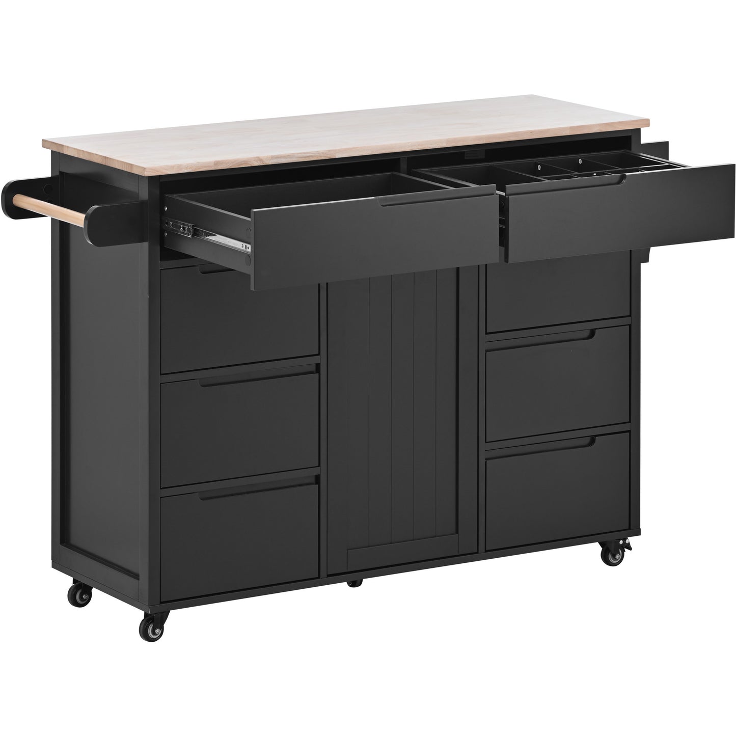 K&K Store Kitchen Cart with Rubber Wood Countertop , Kitchen Island has 8 Handle-Free Drawers Including a Flatware Organizer and 5 Wheels for Kitchen Dinning Room, Black