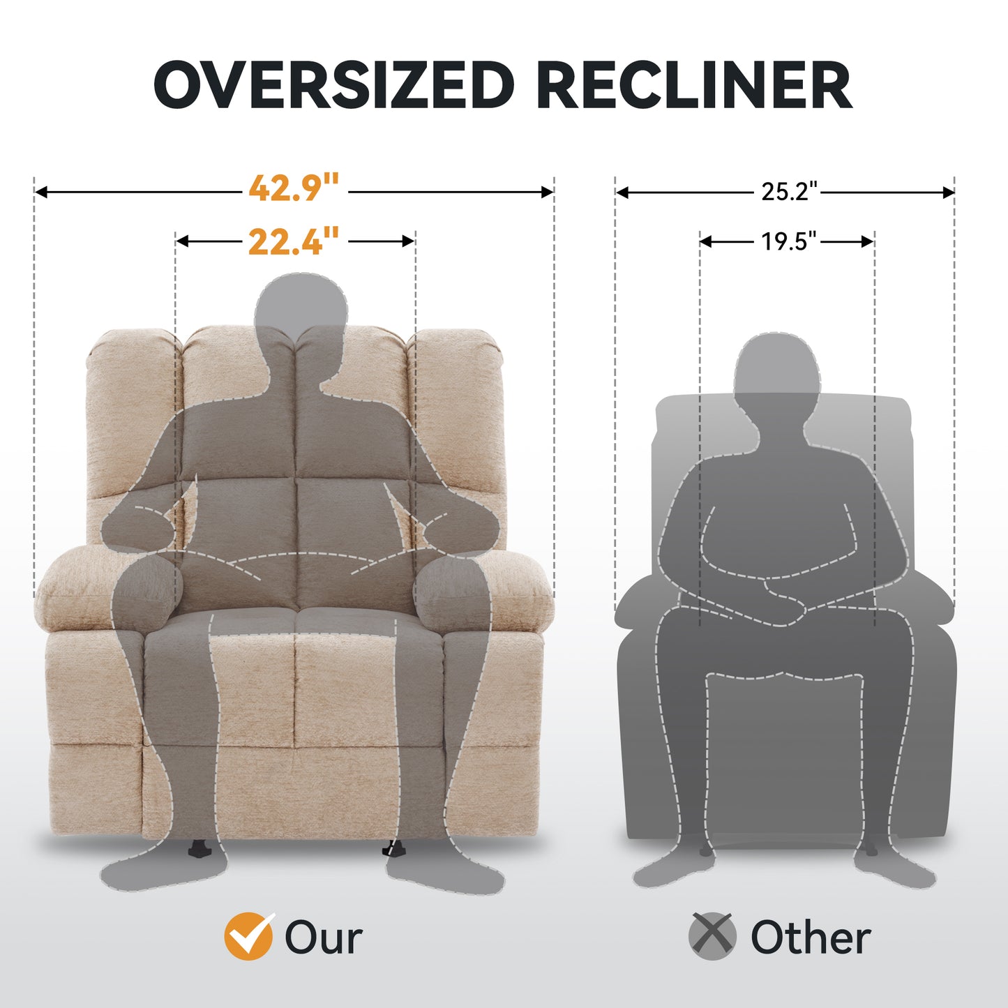 Oversize Rocker Recliner Chair for Adults, Extra Wide Rocking Recliner Chair Manual Recliner, Bid Man Recliners, Sandy