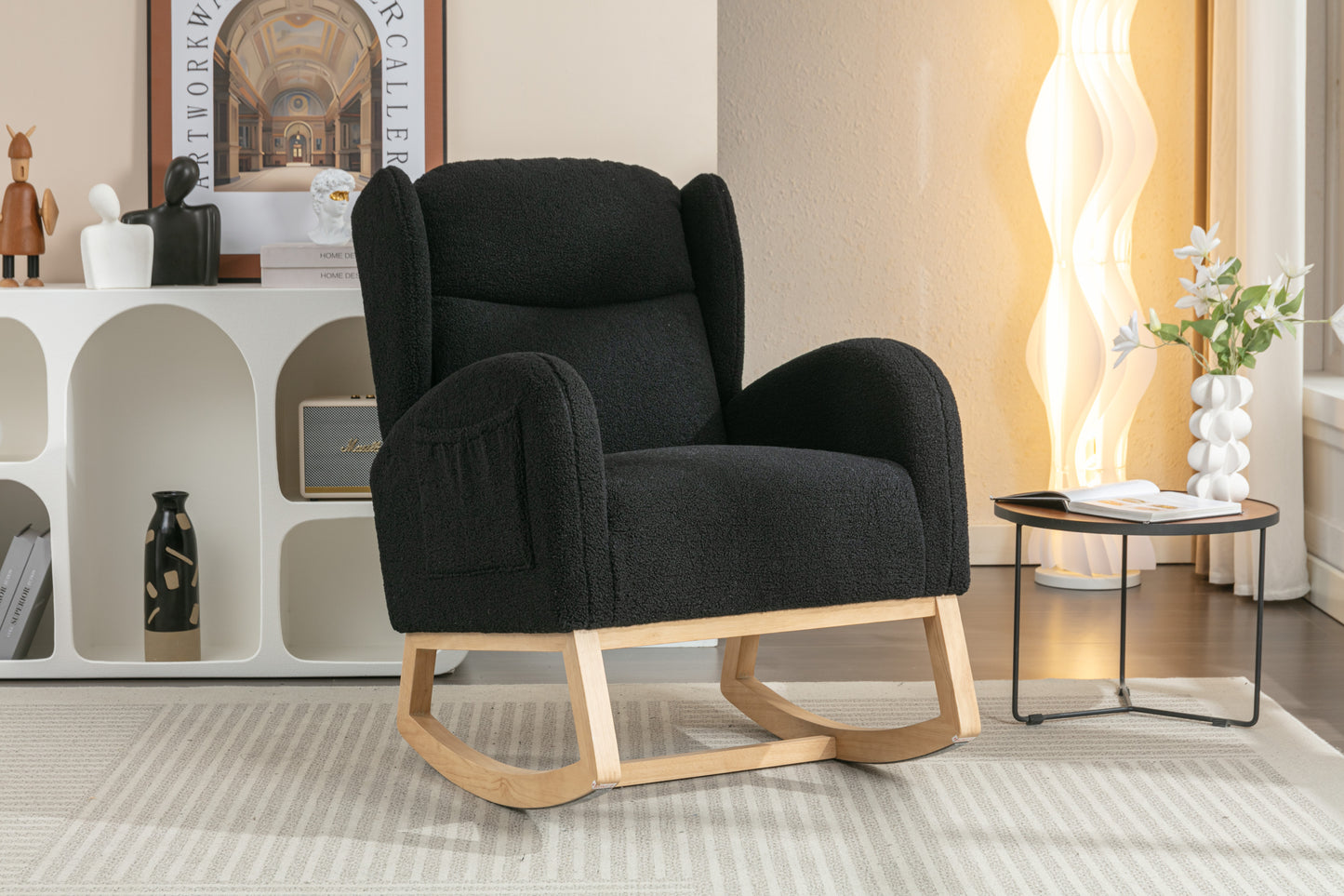 049-Teddy Fabric Rocking Chair With Packet Wood Legs,Black