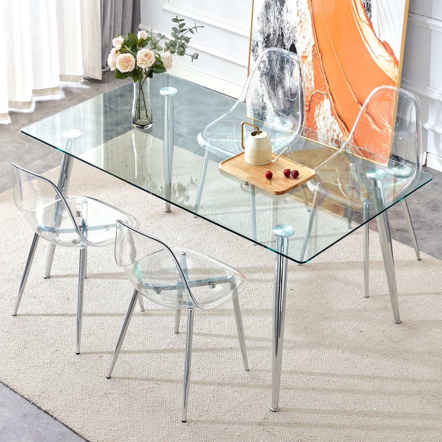 Modern minimalist rectangular glass dining table, 0.4 inch thick transparent tempered glass tabletop and silver metal legs, suitable for kitchens, restaurants, and living rooms 63"*35.4"*30"DT-1544