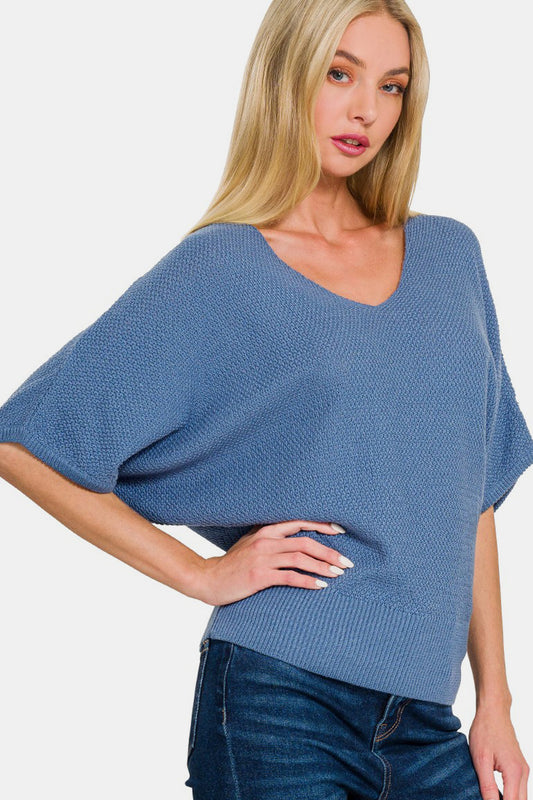 Zenana V-Neck Short Sleeve Dolman Sweater