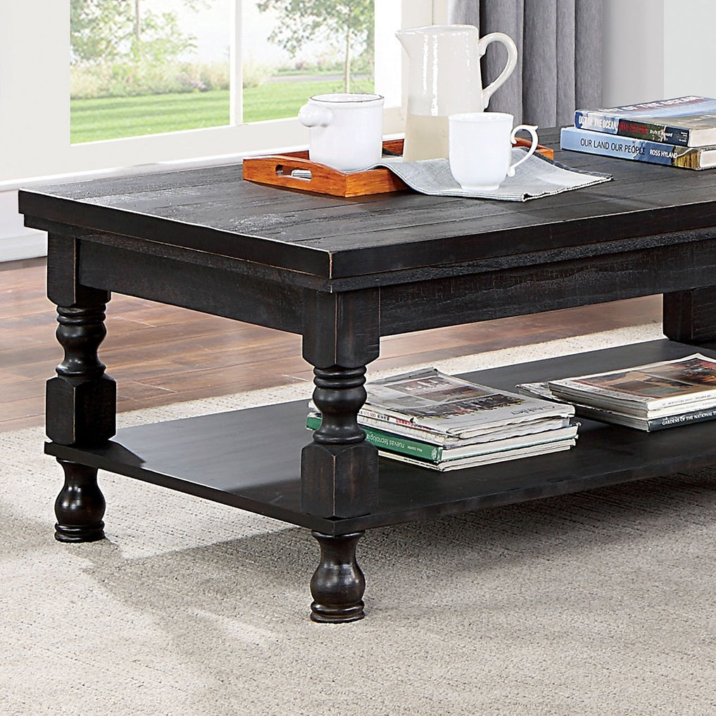 Rustic Style Antique Black 1pc COFFEE TABLE Open Bottom Shelf Plank Style Table Top Living Room Furniture