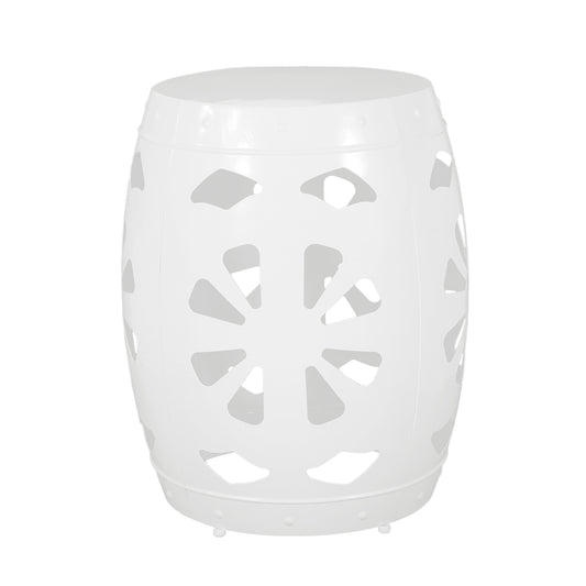 Modern White Metal End Table with Floral Iron Cut Design and Powder-Coated Frame