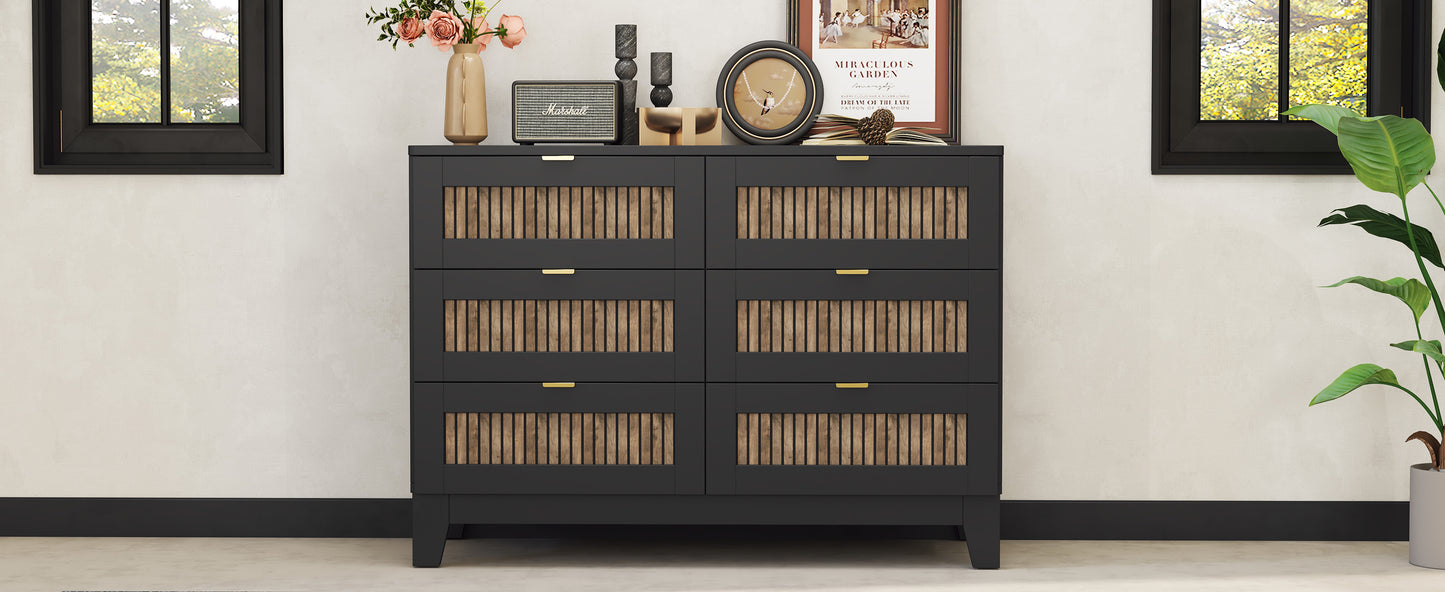 Rustic Farmhouse Style Wooden Dresser with 6 Drawers, Storage Cabinet for Bedroom with Metal Handles, Black