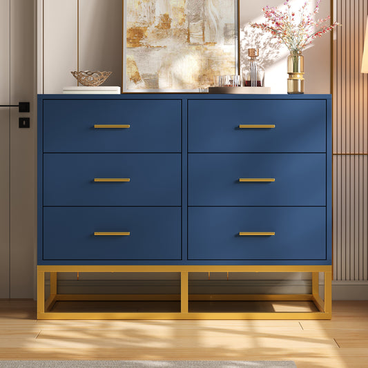 Modern 6 Drawer Dresser with Gold Metal Legs, Large Storage Chest of Drawers for Bedroom, Contemporary Wood Cabinet with Gold Handles, Navy Blue