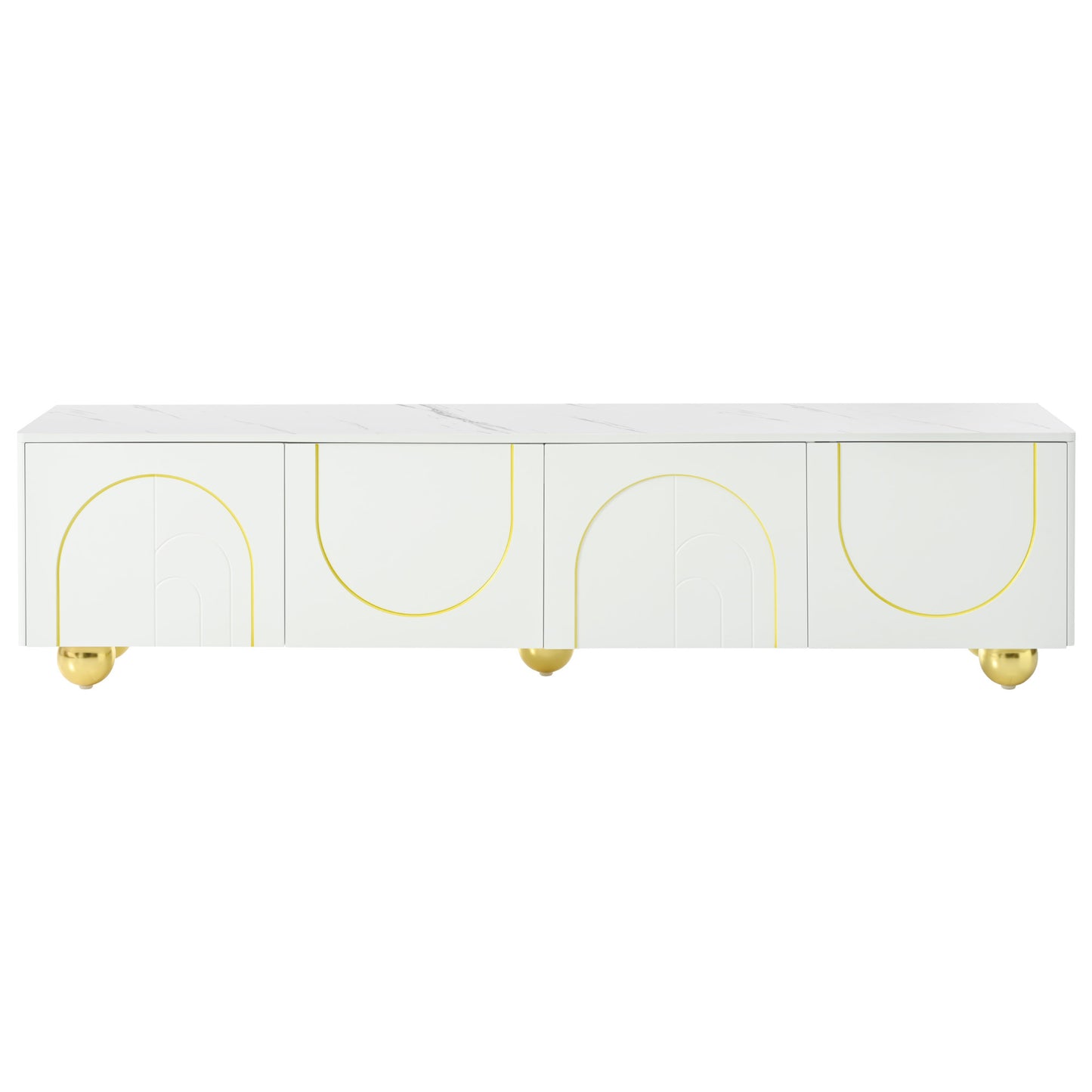 U-Can Modern TV Stand for TVs up to 75 Inches, Entertainment Center with Storage Cabinets and 1 Adjustable Shelf, Media Console with Marble-patterned Top and Golden Round Metal Legs for Living room