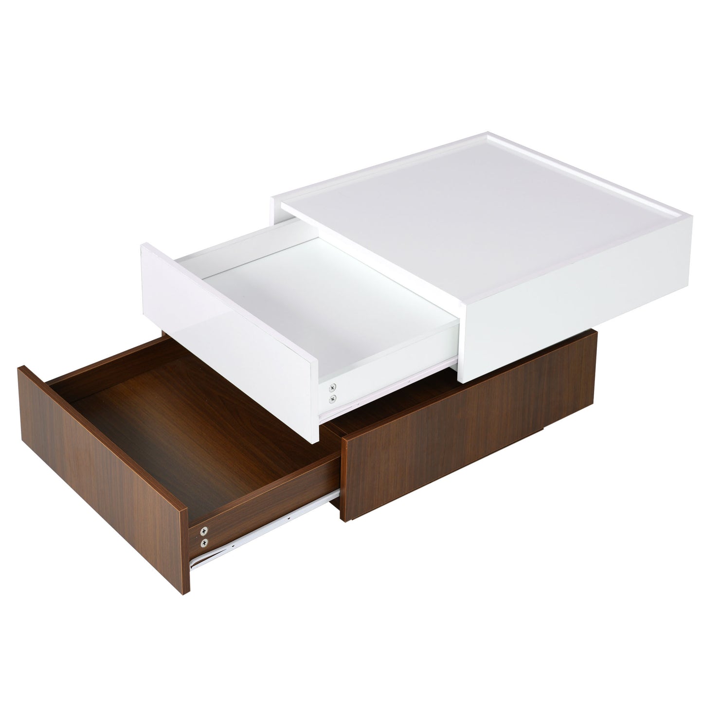 ON-TREND Square 360°Rotating Coffee Table with 2 Drawers, High Gloss 2-Tier Center Table with Swivel Tabletop and Storage, Walnut Table Frame Side Table for Living Room, White