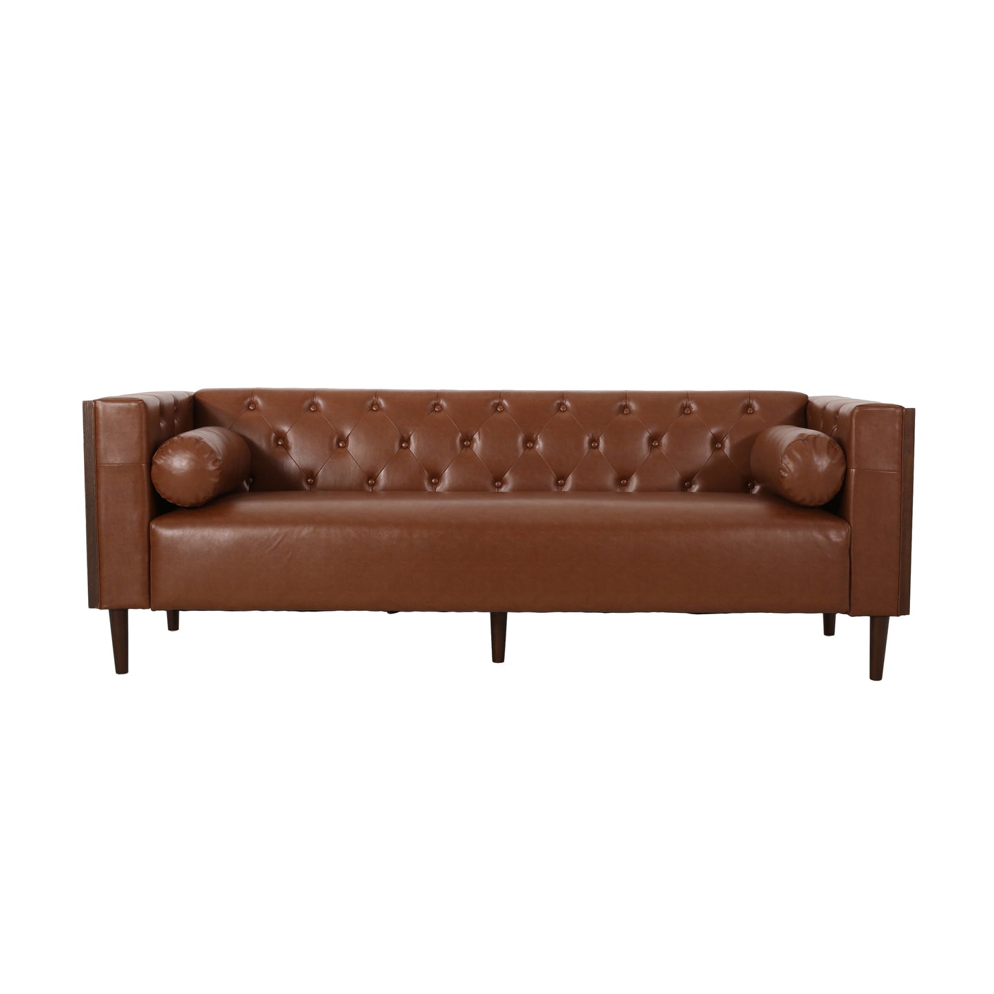 Contemporary 3-Seater Sofa with Tufted Design in Light Brown PU and Wood Accents