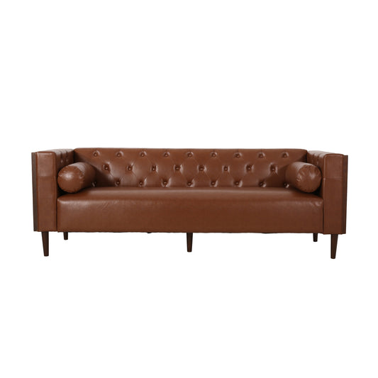 Contemporary 3-Seater Sofa with Tufted Design in Light Brown PU and Wood Accents