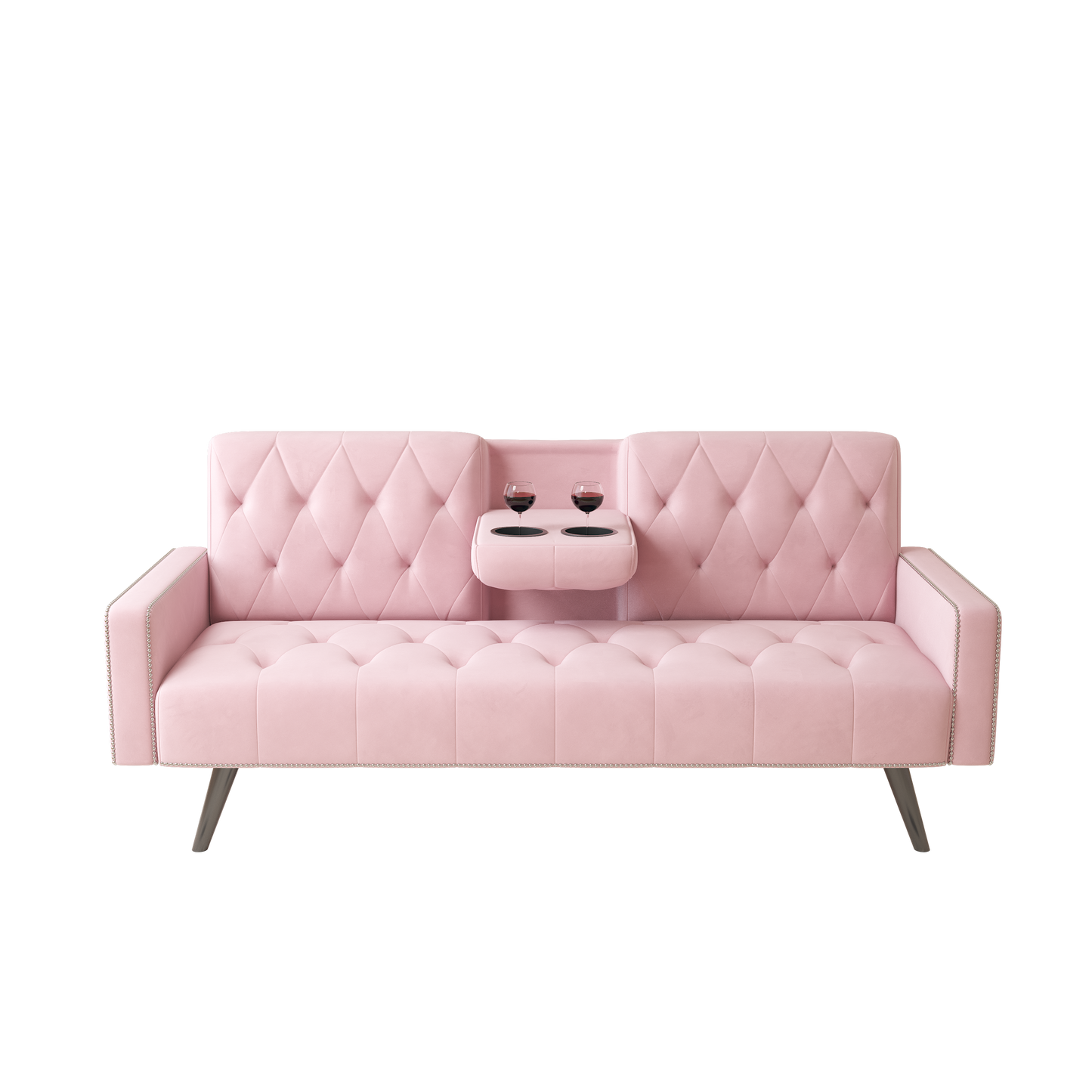 1730 Sofa Bed Armrest with Nail Head Trim with Two Cup Holders 72" Pink Velvet Sofa for Small Spaces