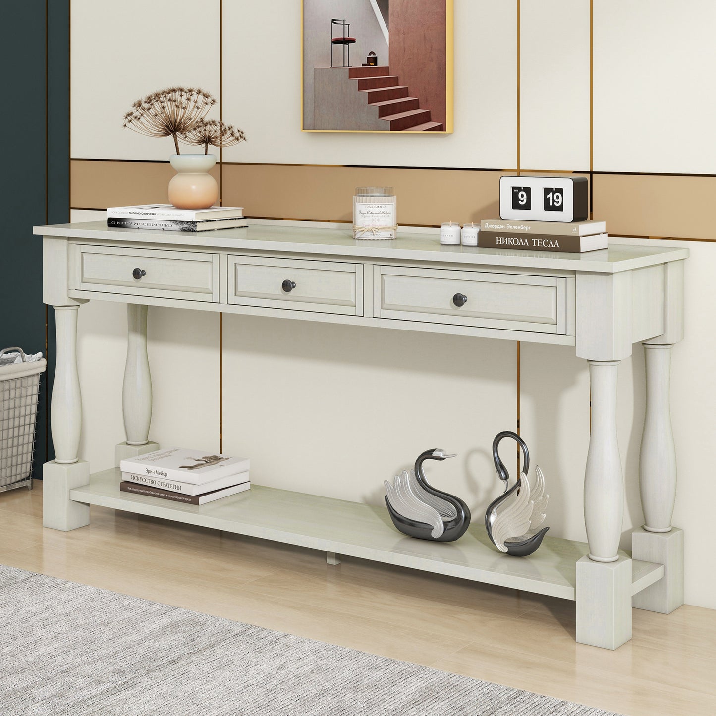 TREXM Console Table 63" Long Console Table with Drawers and Shelf for Entryway, Hallway, Living Room (Antique White, OLD SKU: WF193795AAK)