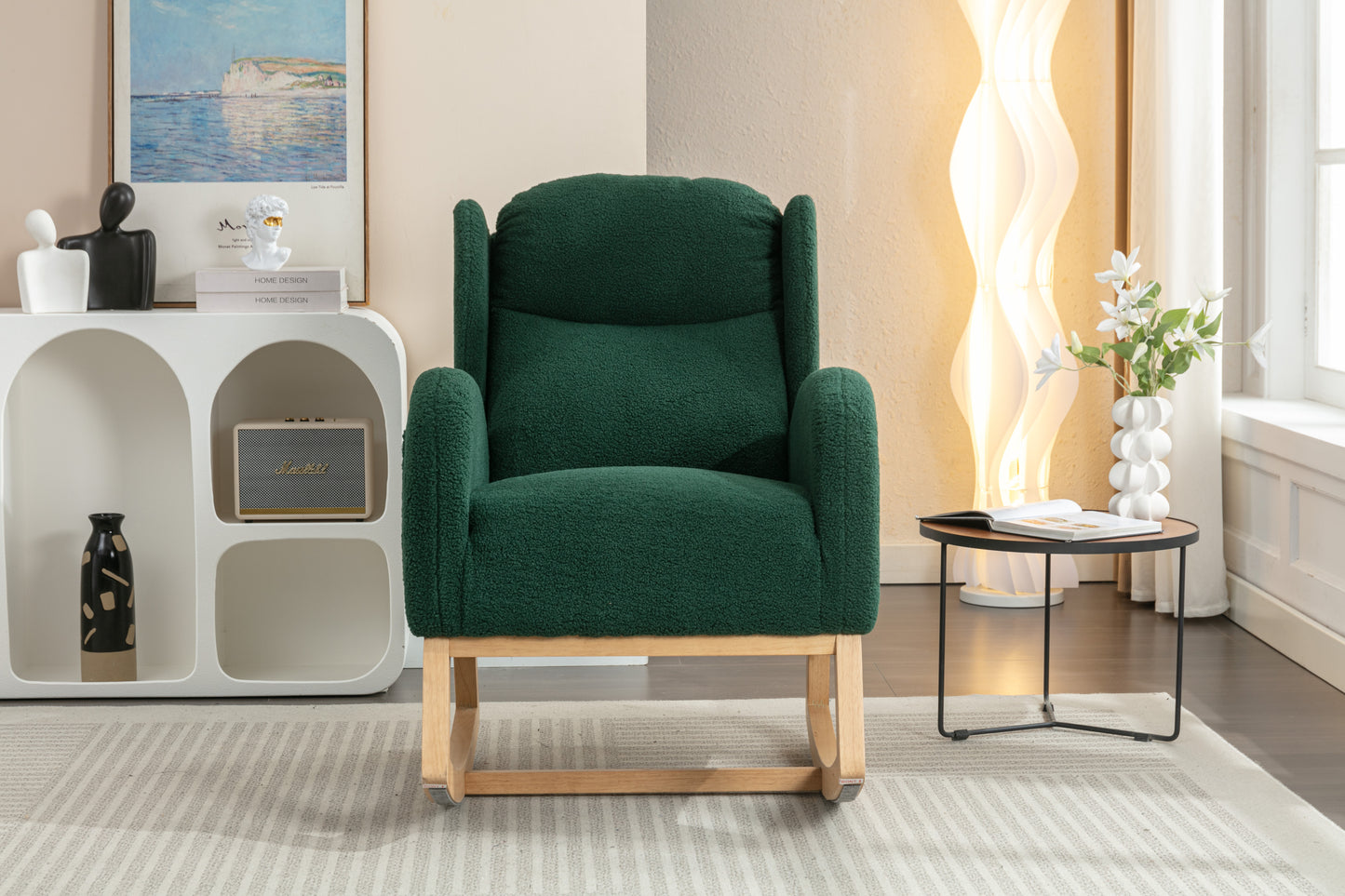 049-Teddy Fabric Rocking Chair With Packet Wood Legs,Green