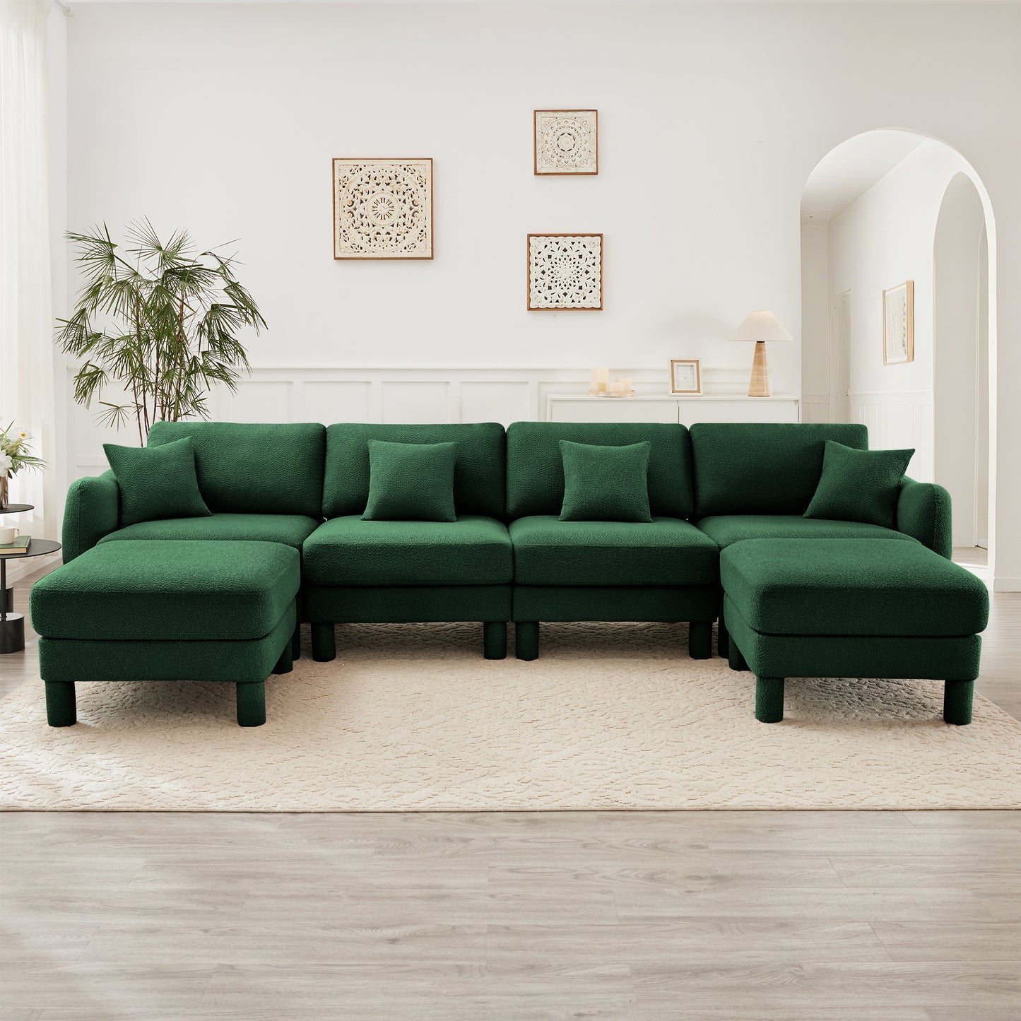 Boucle Fabric U Shape Sectional 4-seater Sofa Couch With Distinctive Shell-shaped Armrests And 2 Movable Ottomans,Cylindrical Legs Wrapped with Self-fabric,Green Color