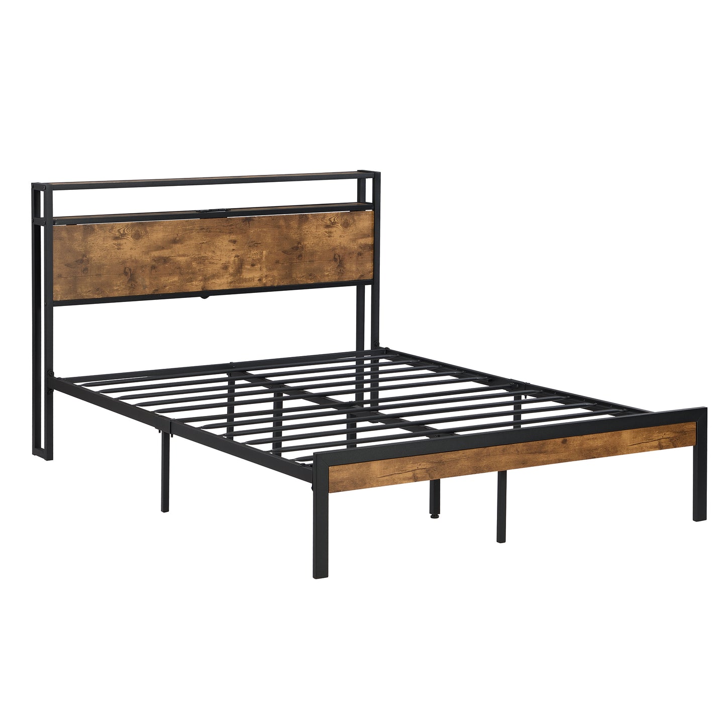 Queen Size  Metal Platform Bed Frame with Wooden Headboard and Footboard with USB LINER, No Box Spring Needed, Large Under Bed Storage, Easy Assemble