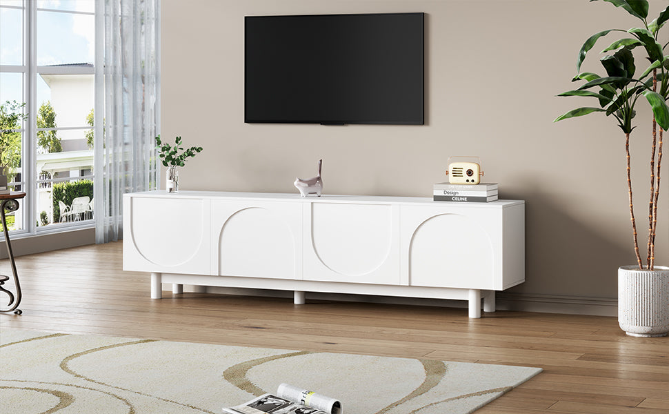 ON-TREND Graceful TV Stand with Arch Cabinets for TVs Up to 78'', Minimalist Entertainment Center with Solid Wood Legs, Practical Media Console with Adjustable Shelves for Living Room, White