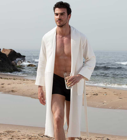 Men's Full Length Lightweight Waffle Spa Robe with Shawl Collar