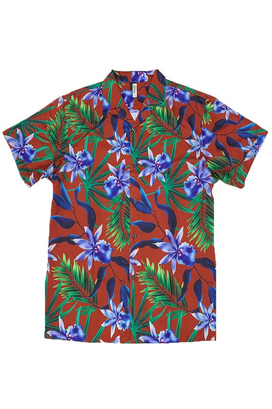 MENS TROPICAL RED BUTTON DOWN SHIRT PRINT