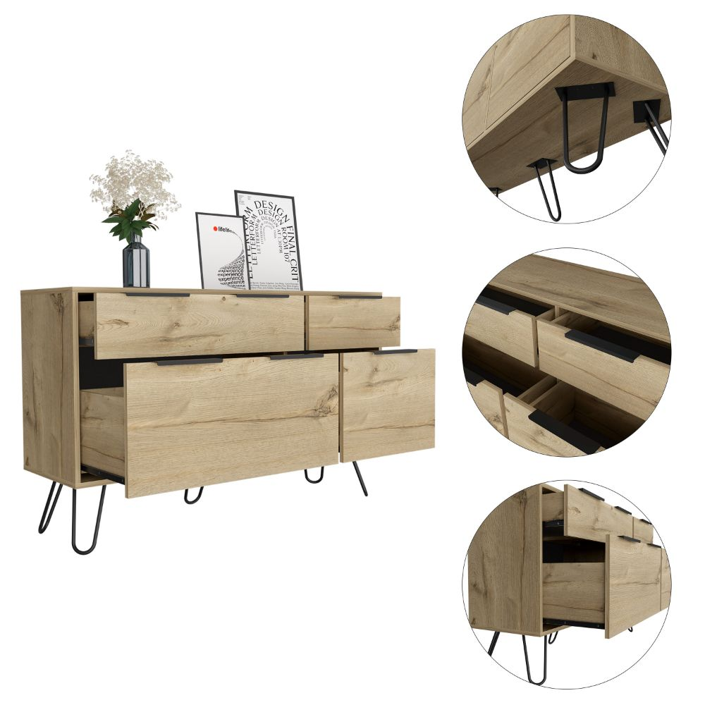 Aster Double Dresser, Four Drawers, Superior Top, Hairpin Legs