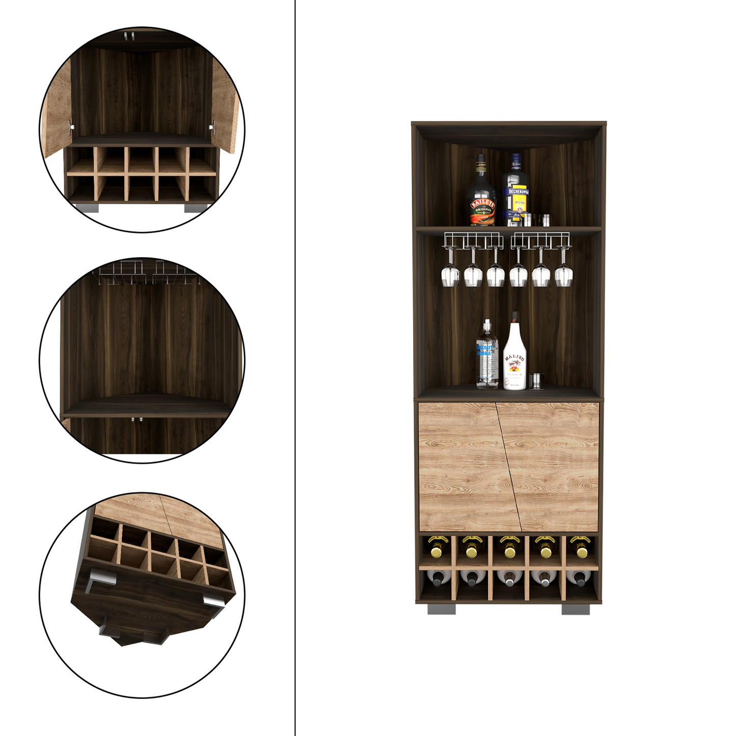 Nassau Corner Bar Double Door Cabinet, Ten Wine Cubbies, Two Shelves, One Interior Shelf