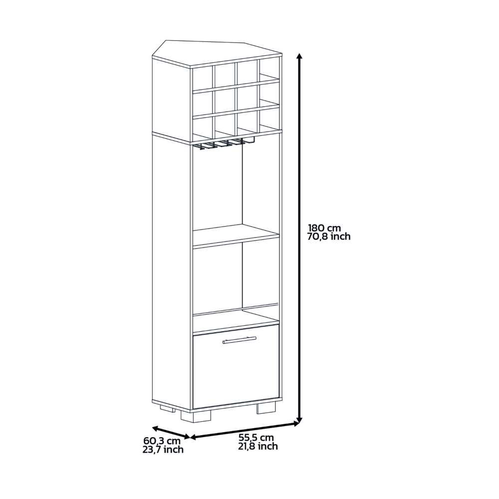 Norway Corner Bar Cabinet, Eight Wine Cubbies, Two Side Shelves