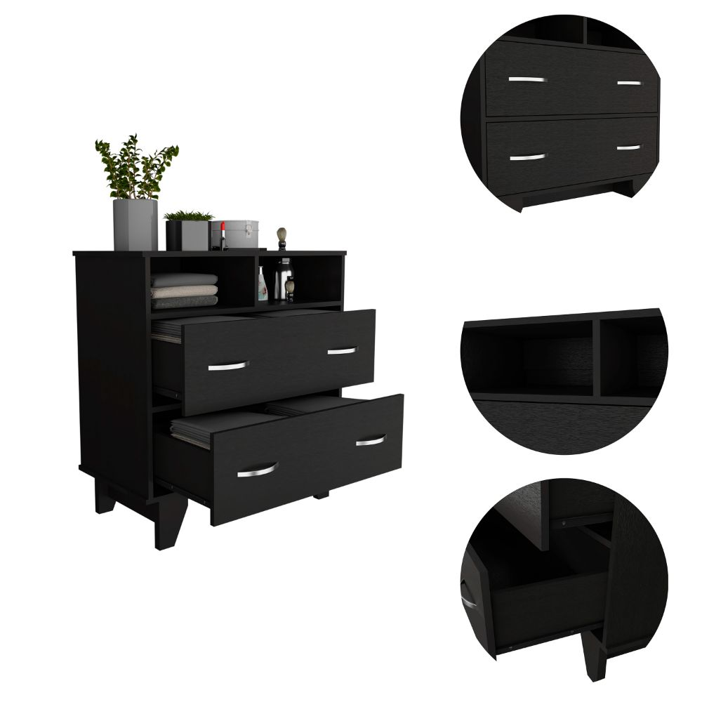 Stamford Double Drawer Dresser, Two Open Shelves, Superior Top