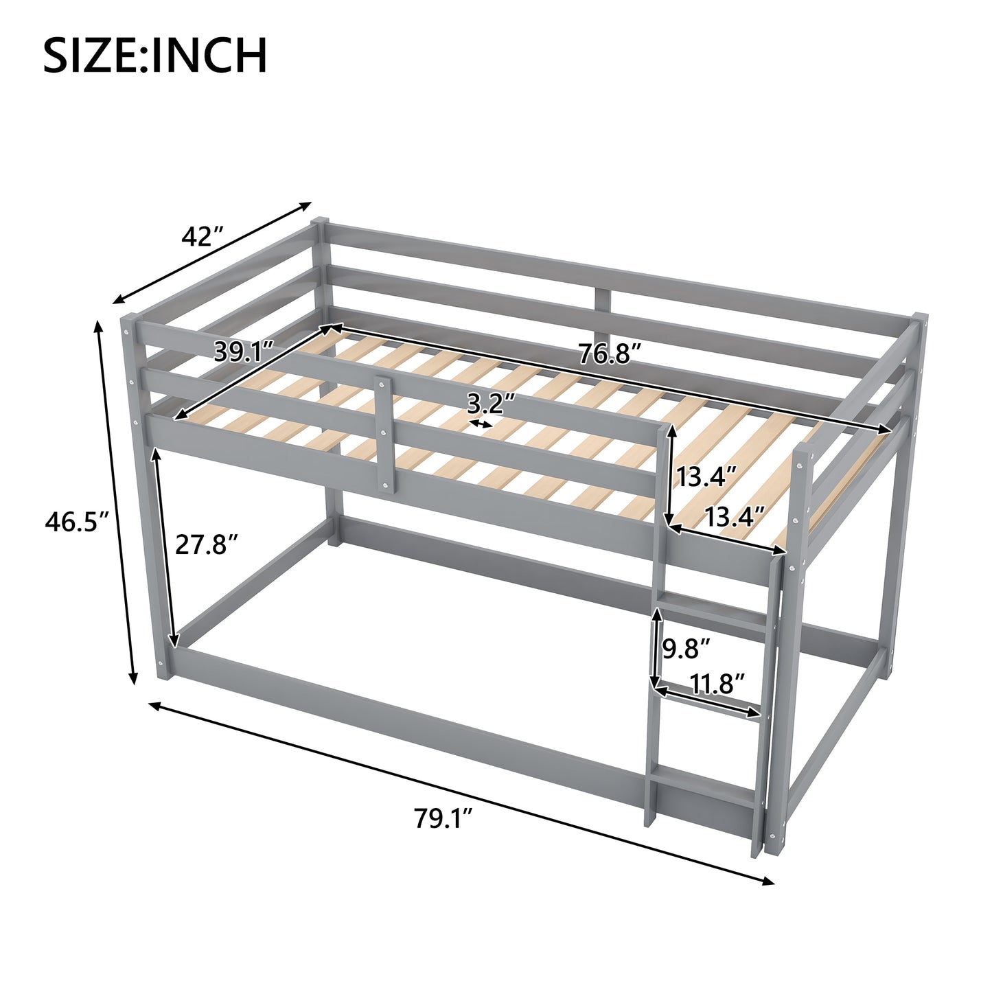 Twin over Twin Floor Bunk Bed with Ladder , Gray(Old SKU:WF281727AAE/WF286602AAE)