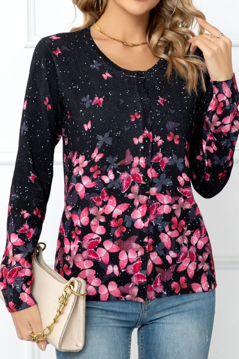 Woven Right Floral Button Front Round Neck Cardigan