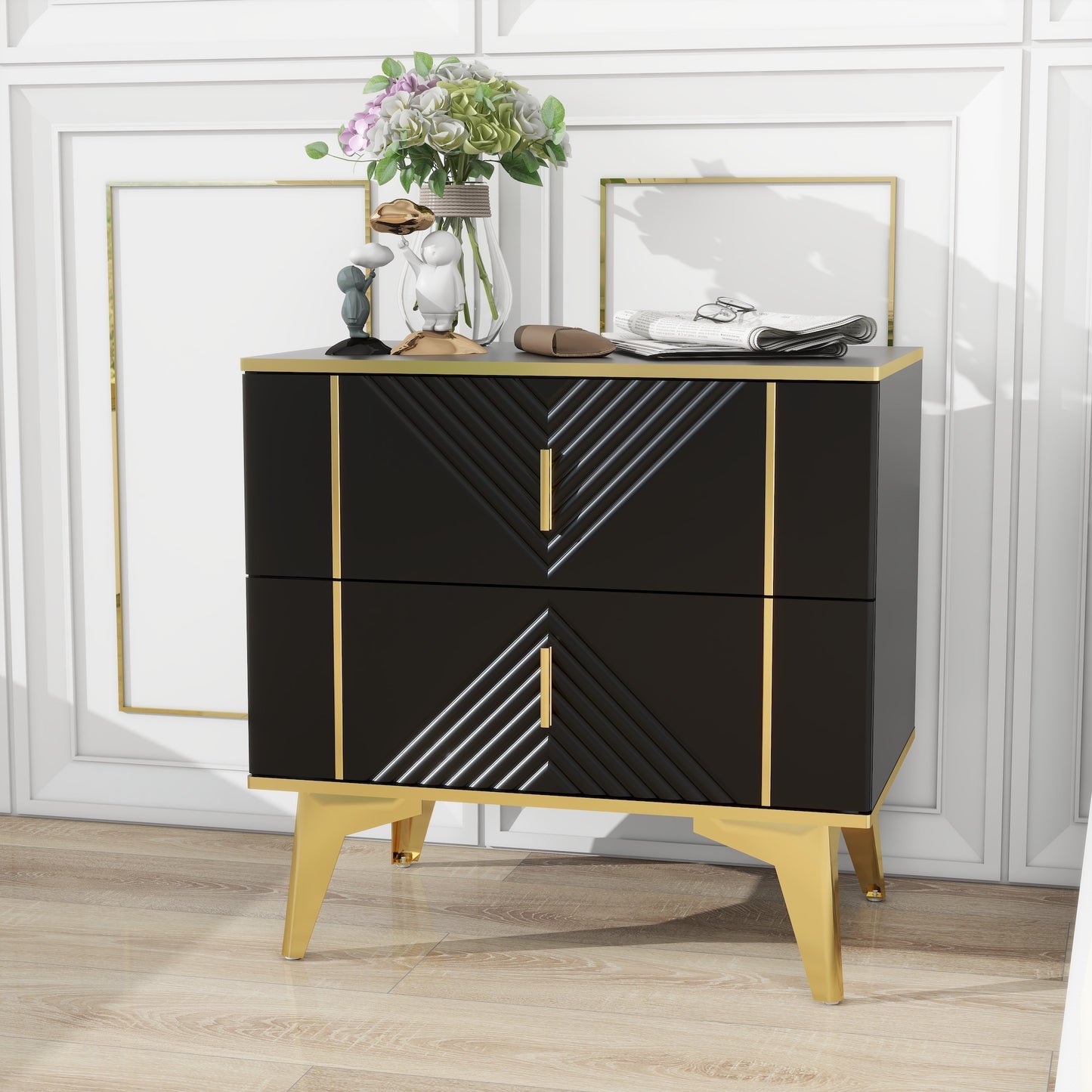 Two Pack Black 2 Drawer Rhombus Card Gold Bar Blister Nightstand