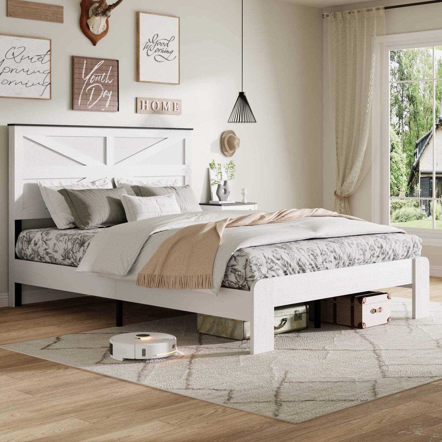 Queen Bed Frame Headboard , Wood Platform Bed Frame , Noise Free,No Box Spring Needed and Easy Assembly Tool,Large Under Bed Storage,White