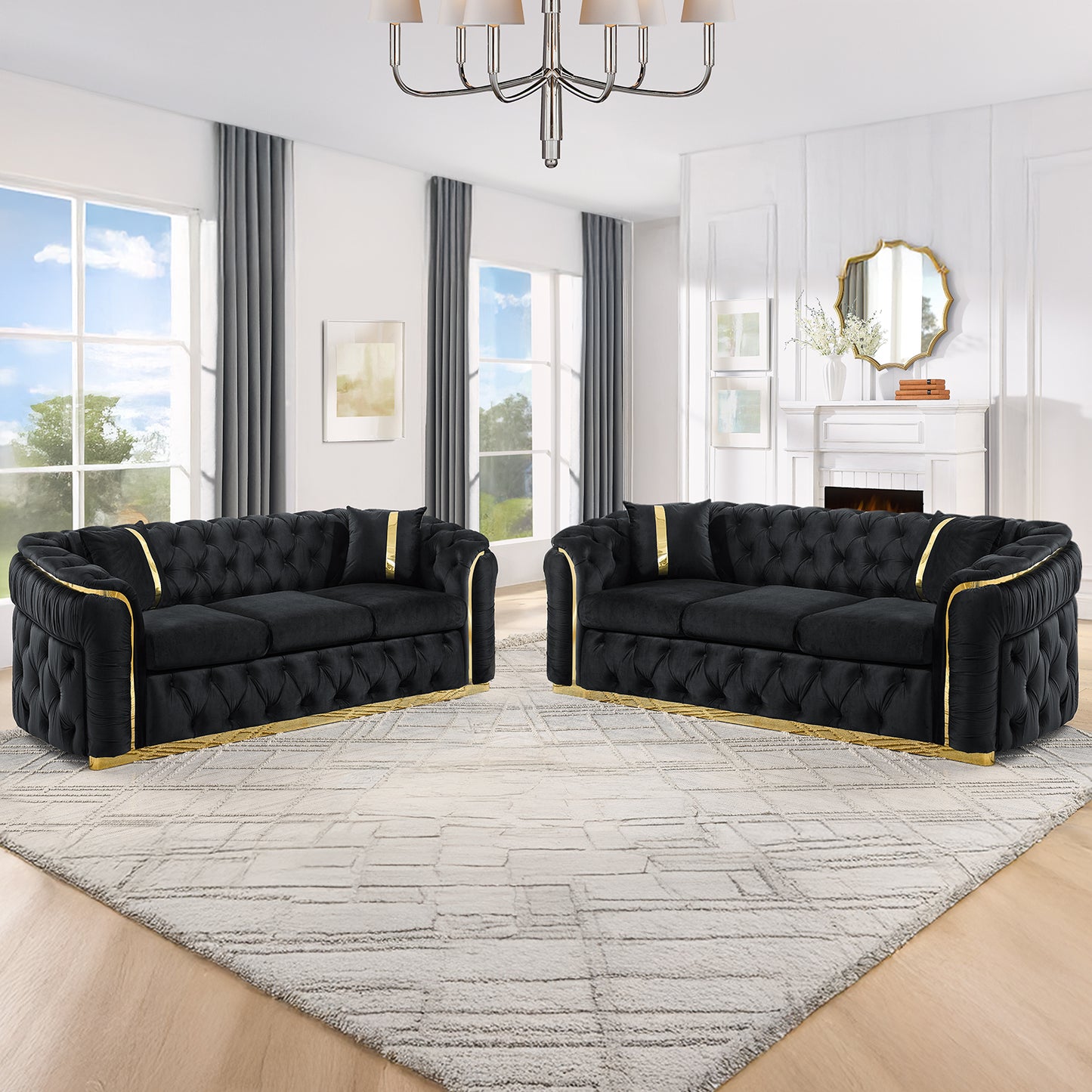 2PCS 90.6 Inches Velvet Button Tufted Sofa Couch with 2 Pillows, 3 Seater Luxury Chesterfield Sofa Set with Gold Stainless Steel Accents for Living Room, 280g Italian Velvet Black