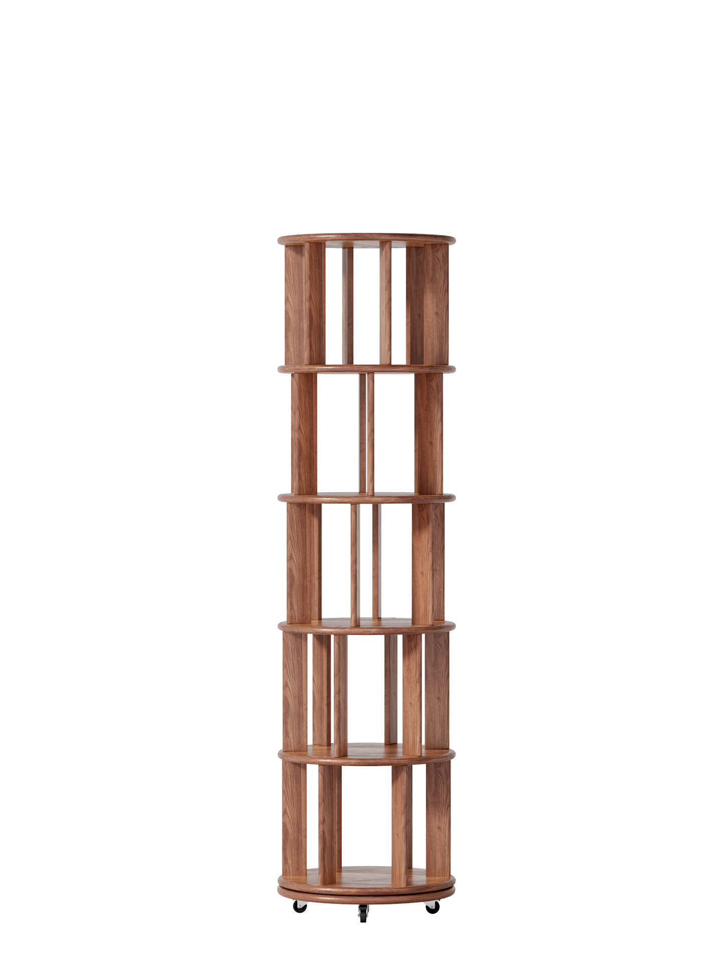100%Solid Wood Rotating Bookshelf on Wheels,5 Tier, Round Revolving Bookcase, 360° Spinning Book Shelf Tower for Kids, Narrow Rolling Bookshelves for Small Space, Corner, Bedroom, Office, Walnut