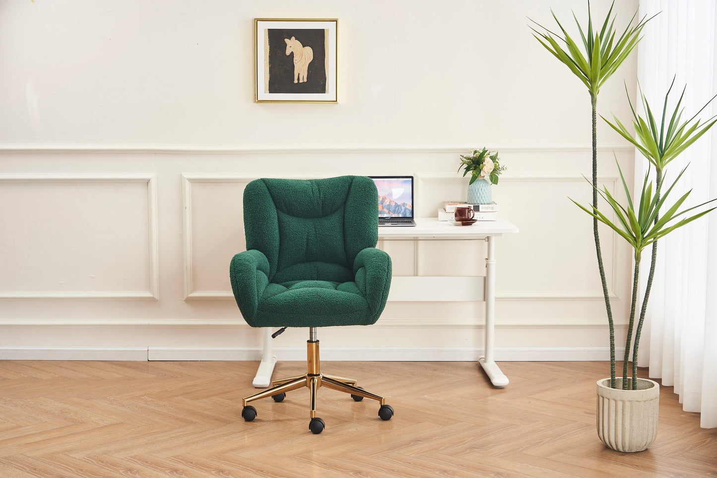 005-Teddy Fabric 360 Swivel Home Office Chair With Gold Metal Base And Universal Wheels,Green