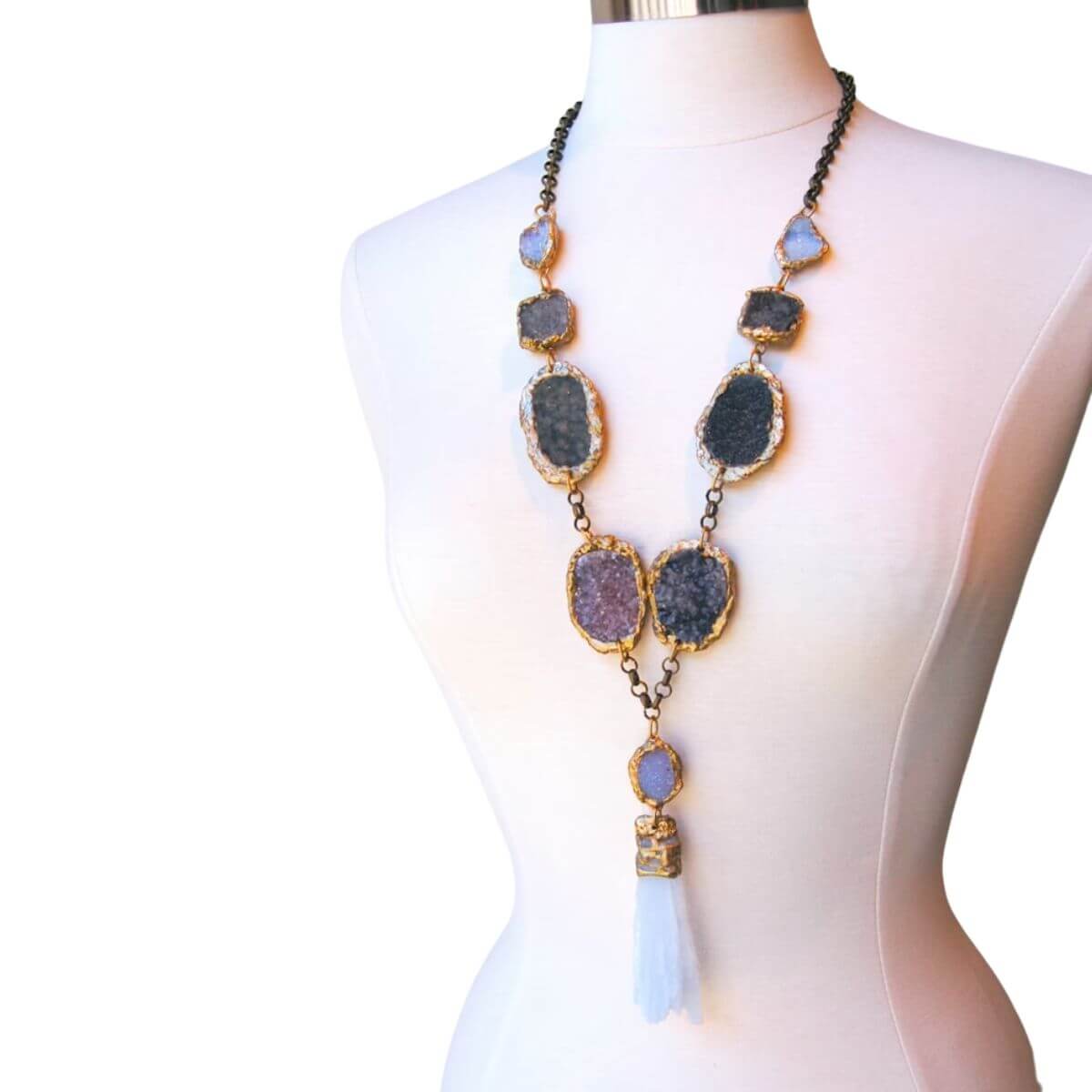 Druzy Necklace with Semi Precious Raw Minerals, Spodumene and Amethyst