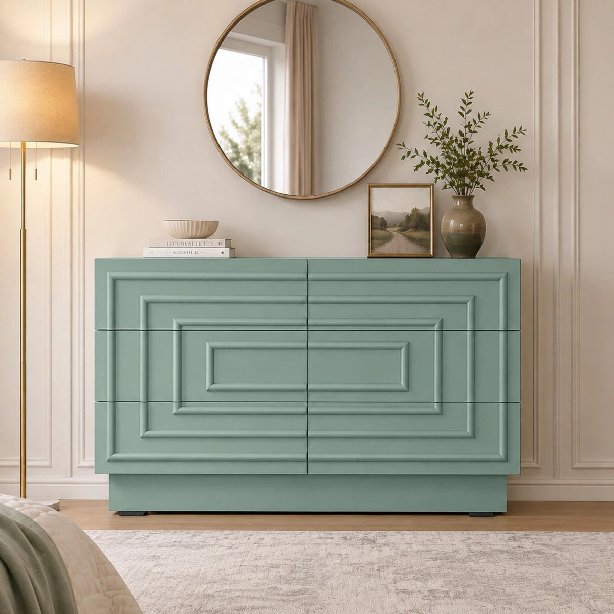 Mid Century 6-Drawer Dresser for Bedroom, 57.2' Wide Modern Push-to-Open Chest of Drawers, TV Stand for Living Room, Thickened Base,Vanity Desk,Drawers Organizer Furniture, Hallway,Sage Green