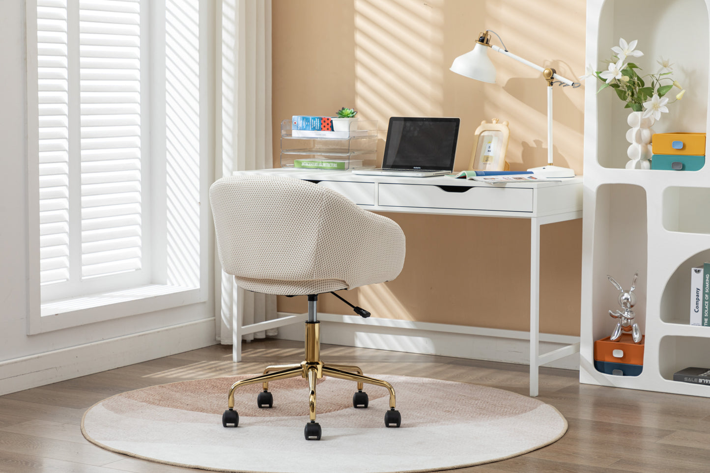 047-Mesh Fabric Home Office 360°Swivel Chair Adjustable Height With Gold Metal Base,Beige