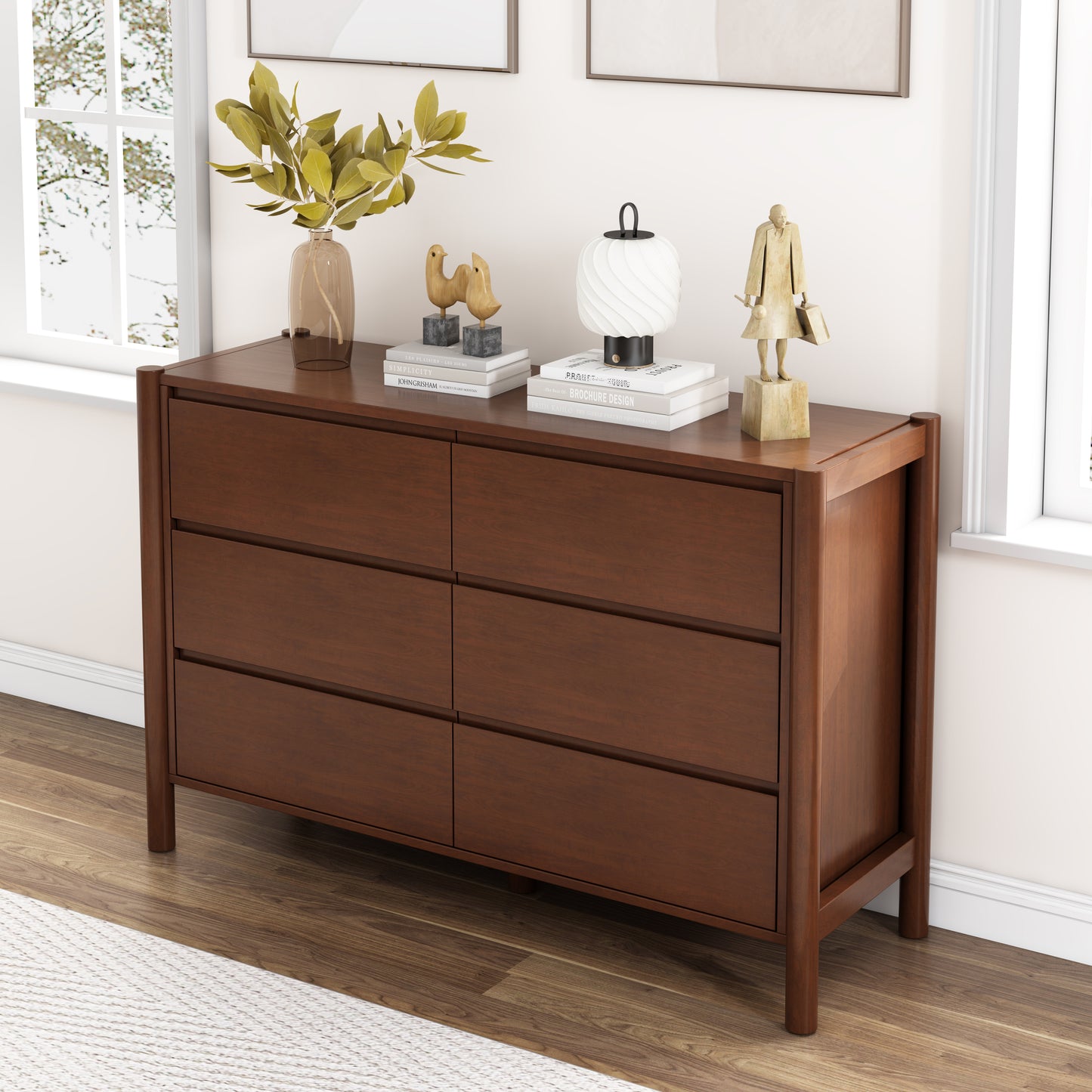 Mid Century Modern Wood 6-Drawer Dresser Storage Cabinet for Bedroom, Living Room, Rich Walnut