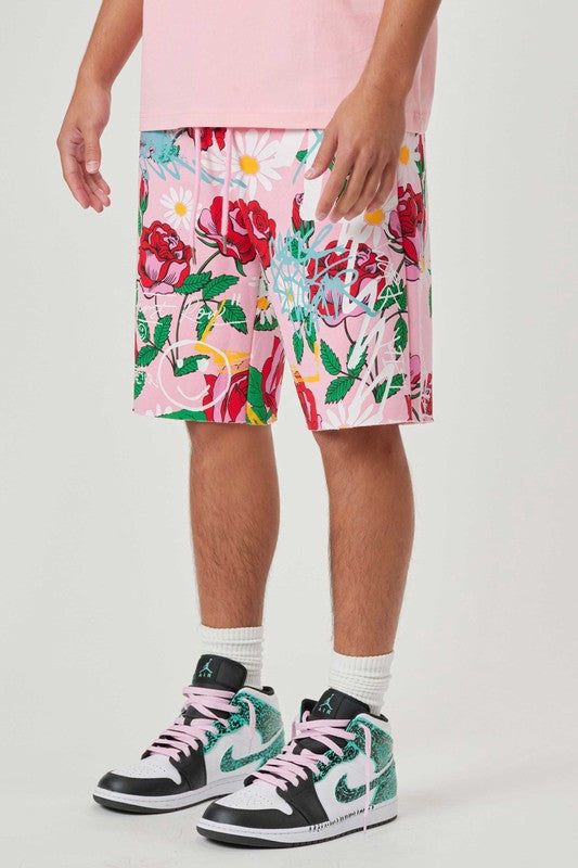 All Over Rose Bloom Print Shorts