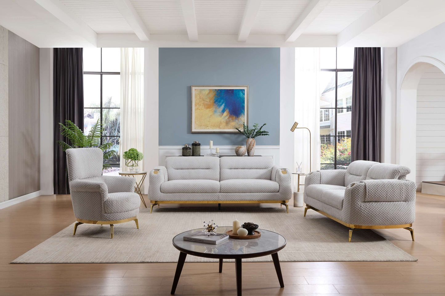 Zoe Modern style 3PC Living room set (Sofa + Loveseat + Chair) made with wood and Gold accents in Gray(CA Warehouse Inventory)