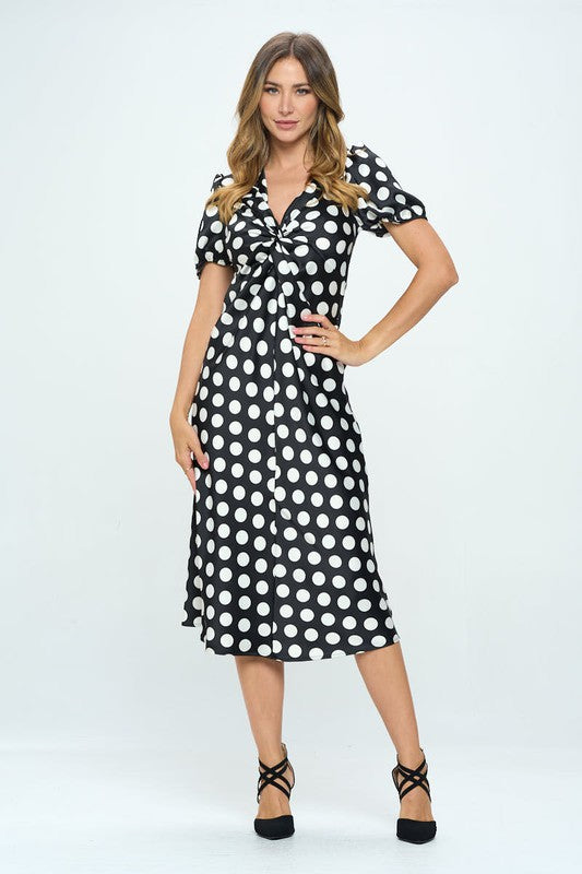 Stretch Satin Polka Dot Print Midi Dress