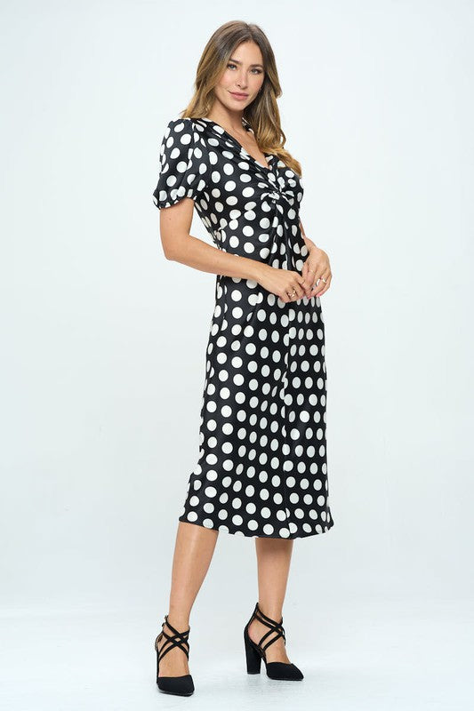 Stretch Satin Polka Dot Print Midi Dress