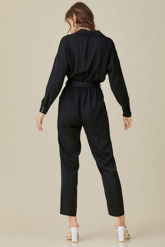 Belted Waist Collared Satin Jumpsuit