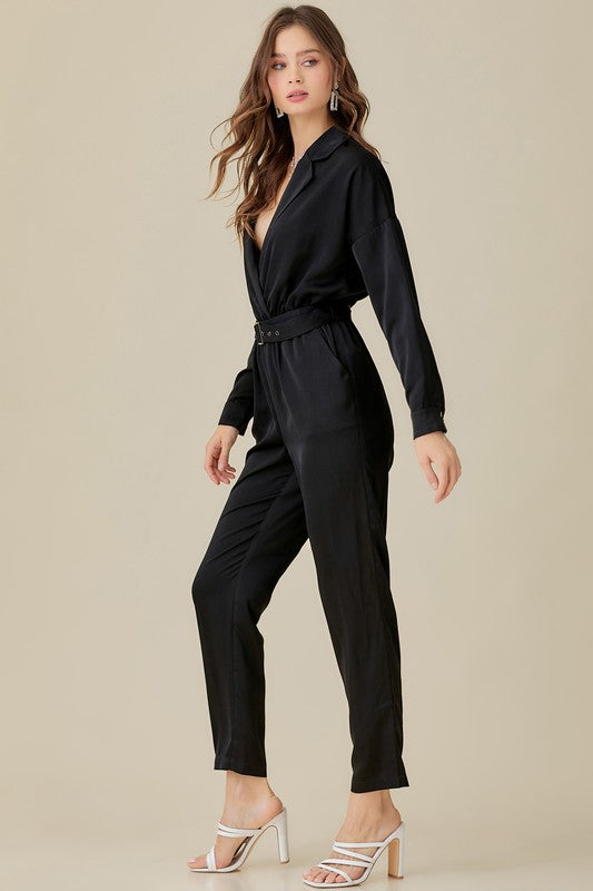 Belted Waist Collared Satin Jumpsuit