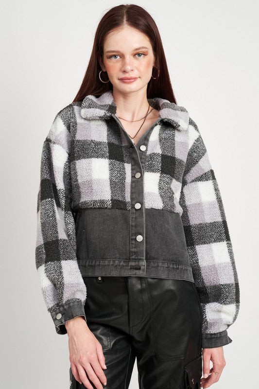 FLEECE WITH DENIM PLAID JACKET