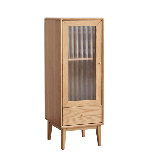 Solid Oak Storage Cabinet with Vintage Glass Door and Brass Handle, 2 Shelves, 1 Drawer - Free-Standing Corner Design for Living Room