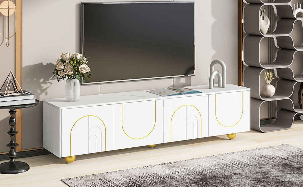 U-Can Modern TV Stand for TVs up to 75 Inches, Entertainment Center with Storage Cabinets and 1 Adjustable Shelf, Media Console with Marble-patterned Top and Golden Round Metal Legs for Living room